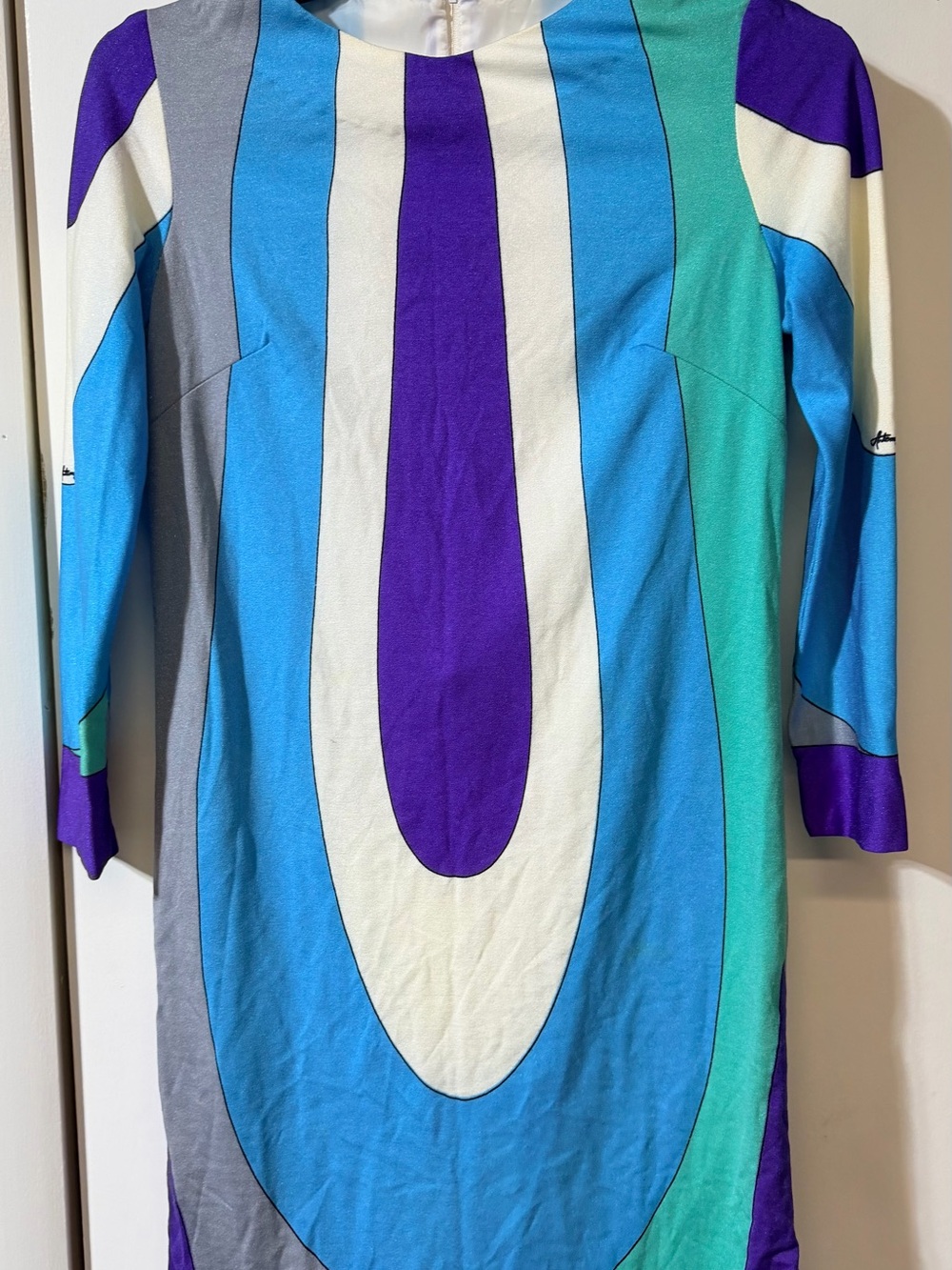 Vintage 60s/70s Colorblock Long-Sleeve Shift Dress in Blue, Purple & White